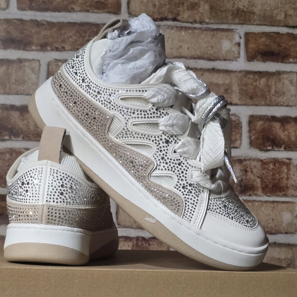 Stylish Roaring White Rhinestones Sneakers in White and Tan By Steve Madden